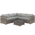 Outsunny 4 Pieces Rattan Wicker Outdoor Conversation Furniture Set w/ Corner Sofa Loveseats Coffee Table Cushions, Mixed Grey
