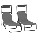 Outsunny 2 Piece Folding Outdoor Chaise Lounges, Pool Tanning Chairs with Reclining Back, Sunshade for Beach, Patio, Dark Grey