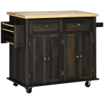 HOMCOM Kitchen Island with Storage, Rolling Trolley Cart with Rubber Wood Top, Spice Rack, Towel Rack, Brown Oak