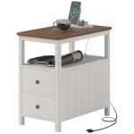 HOMCOM Side Table with Charging Station and USB Ports, Narrow End Table with Drawers, Shelf for Living Room, White