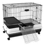 PawHut 28"H 2-Level Small Animal Cage Rabbit Hutch with Universal Lockable Wheels, Slide-Out Tray for Bunny, Chinchillas, Ferret, Black