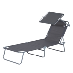 Outsunny Outdoor Lounge Chair, Adjustable Folding Chaise Lounge,  Tanning Chair with Sun Shade for Beach, Camping, Hiking, Backyard, Grey