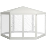 Outsunny Φ13' Hexagon Party Tent Patio Gazebo Outdoor Activity Event Canopy Quick Sun Shelter Pavilion with Netting Mesh Sidewall Cream White