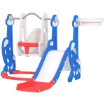 Qaba 4-in-1 Slide and Swing Set with Basketball Hoop, Climber, for Ages 1.5-4 Boys Girls Toddler, Rocket Themed, Dark Blue