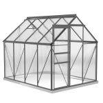 Outsunny 6' x 8' x 6.5' Polycarbonate Greenhouse, Walk-in Green House with Adjustable Roof Vent Galvanized Base Sliding Door Rain Gutter for Outdoor Garden Backyard, Charcoal Grey
