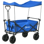 Outsunny Steel Frame Folding Garden Cart, Collapsible Wagon Cart with Removable Canopy, Telescopic Handle and Carrying Bag, Dark Blue