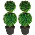 HOMCOM 2 Pcs 23.6" Artificial Boxwood Ball Topiary Tree Set of 2 Fake Plants in Pot with Double Ball-Shaped Leaves Green