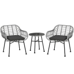 Outsunny 3 Piece Patio Set, Outdoor Bistro Furniture, PE Rattan Wicker Table and Chairs, Cushioned, Gray