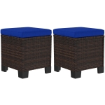 Outsunny 2 Piece Wicker Outdoor Ottomans with Cushions, Rattan Ottoman Footrest and Side Table for Patio, Yard, Poolside, Dark Blue