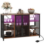 HOMCOM LED Wine Cabinet with Charging Station Glass Holders, Open Shelves, Rustic Brown