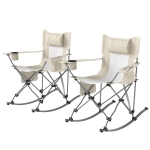 Outsunny Folding Rocking Camping Chairs, Portable Chairs with Headrest, Cooler Bag, Cup Holder, Carry Bag, 2 Pack, Cream