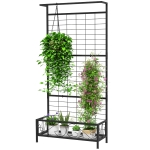 Outsunny Metal Tall Plant Stand with Trellis and Hanging Bar, Plant Holder for Indoor Outdoor Use, 35" x 12.8" x 74", Black