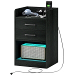 HOMCOM Tall Nightstand with Charging Station and LED Lights, Small Bedside Table with AC Outlets, USB Ports, 2 Drawers, Shelf