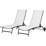 Outsunny 2PCs Lounge Chairs with Wheels, 5-Level Adjustable Backrest for Garden, Backyard, Patio, Deck, Poolside, White