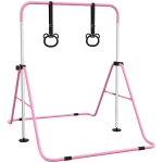 Qaba Kids Gymnastics Bar, Adjustable Height Folding Horizontal Bar with Gymnastics Rings, Non-slip Rubber Floor Rings, Pink
