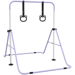 Qaba Kids Gymnastics Bar, Adjustable Height Folding Horizontal Bar with Gymnastics Rings, Non-slip Rubber Floor Rings, Purple