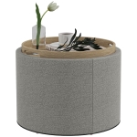 HOMCOM Round Coffee Table, End Table with Hidden Storage and Tray Top, Linen Upholstered Footrest for Living Room