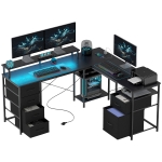 HOMCOM 66" Reversible L Shaped Computer Desk, Corner Desk with File Drawer, Power Outlets and LED Lights, Distressed Black