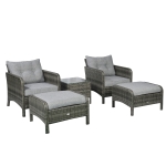 Outsunny 5 Pieces Rattan Wicker Lounge Chair Outdoor Patio Conversation Set with 2 Cushioned Chairs, 2 Ottomans and Tempered Glass Top Coffee Table, Gray/Light Gray