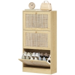 HOMCOM Rattan Shoe Storage Cabinet with 3 Flip Drawers and Adjustable Shelves, Entryway Shoe Cabinet for 18 Pairs, Oak