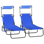 Outsunny Pool Chaise Lounge Chairs Set of 2, Folding Lounge Chairs with Sunshade, Reclining Back, Steel Frame, Blue