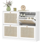 HOMCOM Narrow Shoe Storage Cabinet, Rattan Shoe Cabinet with 4 Flip Drawers and Adjustable Shelves for 20 Pairs, White