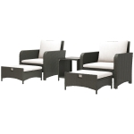 Outsunny 5 Piece Rattan Balcony Furniture Set, Wicker Outdoor Furniture Set with 2-Tier Coffee Table, Ottomans, Grey, Cream White