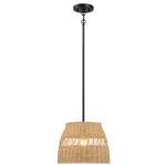 Farmhouse Style Single Light Pendant with Rattan Shade, Black Metal Finish, Ideal for Homer Decor, 12" L x 12" W x 10" H, Black