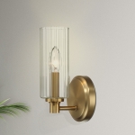 Single Light Wall Sconce with Clear Ribbed Glass, Satin Brass Finish, Elegant Home Lighting Solution, 5" L x 5" W x 10" H, Clear+Gold