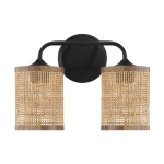 Double Light Vanity Wall Lamp with Natural Rattan Shade, Metal Construction, Ideal for Bathroom Decor, 7" L x 10" W x 12.5" H, Black