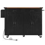 Farmhouse Kitchen Island with Spice Rack, Storage Drawers, Power Outlet, Rolling Car with Drop Leaf, 53.5" L x 29" W x 36.5" H, Black