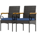 Outsunny Set of 2 Rattan Outdoor Dining Chairs, Wicker Patio Chairs with Removable Cushion, Acacia Wood Armrests, Navy Blue