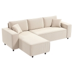 HOMCOM Corner Sofa with Changeable Chaise, Corduroy L-Shaped Sectional Sofa with Pocket Spring, 2 Pillows, Cream White