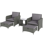 Outsunny 5 Piece Rattan Balcony Furniture Set, Wicker Outdoor Furniture Set with 2-Tier Coffee Table, Ottomans, Grey