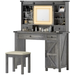 HOMCOM Vanity Desk Set with Mirror and Lights, Cushioned Stool, Storage Drawer, Cabinet, Shelves for Bedroom, Gray