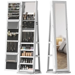 HOMCOM 360° Swivel Jewelry Armoire, Lockable Jewelry Cabinet with Full-Length Mirror, Storage Shelves, White