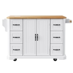 Kitchen Island with Power Outlet and Drop Leaf, 4 Door Shelves, Rolling Cart with Adjustable Shelves, Hidden Wheels, 55.5" L x 30" W x 36" H, White