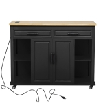 Kitchen Island with Extendable Dining Table, Rubber Wood Veneer, Internal Rack, Power Outlet, Drawers and Cabinets, 47" L x 33.5" W x 37" H, Black