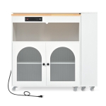 LED Kitchen Island with Extended Table, Power Outlets, Fluted Glass Doors, Utility Cart with Shelves and Cabinet, 56.5" L x 33" W x 38" H, White