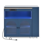 LED Kitchen Island with Extended Table, Power Outlets, Storage Shelves, Utility Cart with Fluted Glass Doors, 56.5" L x 33" W x 38" H, Navy Blue