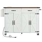 Farmhouse Kitchen Island with Drop Leaf, Power Outlet, Spice Rack and Drawer, Rolling Cart on Wheels, 53.5" L x 29" W x 36.5" H, White