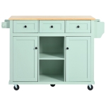 Kitchen Island Cart with 3 Drawers, 5 Wheels, Rubber Wood Drop-Leaf Countertop, Storage Cabinet, 53" L x 29.5" W x 37" H, Mint Green