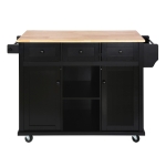Kitchen Cart with 5 Wheels, 3 Drawers, Storage Cabinets, Central Island with Rubberwood Drop-Leaf Countertop, 53" L x 29.5" W x 37" H, Black