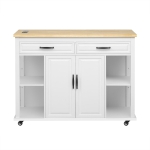Kitchen Island with Extendable Dining Table, Rubber Wood Veneer, Internal Rack, Power Outlet, 2 Drawers, 2 Cabinets, 47" L x 33.5" W x 37" H, White