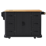 Rolling Kitchen Island Cart with Drop Leaf, Power Outlet, 4 Door Shelves, 6 Drawers, Adjustable Shelves, Spice Rack, 55.5" L x 30" W x 36" H, Black