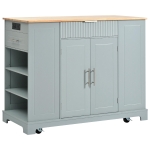 Fluted Kitchen Island with Trash Can Storage, Power Outlet, Adjustable Shelves, 3 Drawers, 3 Side Racks, 48.5" L x 20.5" W x 36.5" H, Gray+Blue