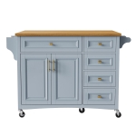 Kitchen Island with Drop Leaf, Towel Rack, 5 Drawers, Adjustable Shelf, Mobile Cart on Wheels with Spice Rack, 52" L x 29.5" W x 36" H, Blue+Grey