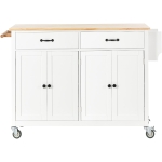 Kitchen Island Cart with 4-Door Cabinet, 2 Drawers, Solid Wood Top, Spice and Towel Racks, Locking Wheels, 54.5" L x 18.5" W x 36" H, White
