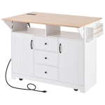 Kitchen Island Cart with Dual Drop Leaf, Power Outlet, Adjustable Shelves, Spice and Towel Rack, 3 Drawers, 56" L x 34" W x 36.5" H, White
