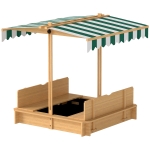 Outsunny Wooden Kids Sandbox with Cover, Sand Play Station with Foldable Bench Seats and Adjustable Canopy, Light Brown